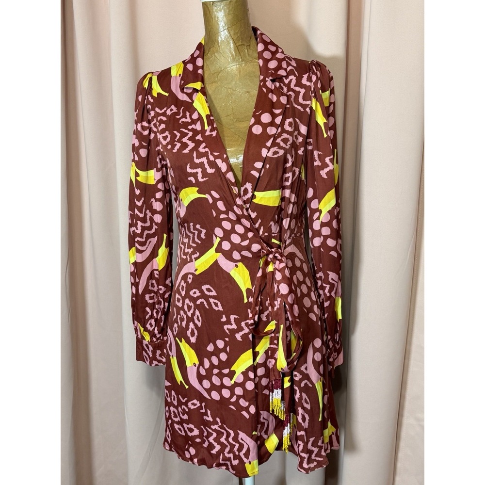 NWOT Farm Rio Sz XS Toucanissimo Long Sleeve Novelty Print Wrap Dress Burgundy